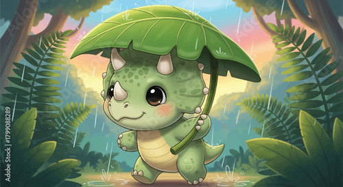 Adorable baby triceratops cheerfully holding a leafy umbrella during a gentle rain shower in a lush prehistoric forest landscape, bringing joy and whimsy