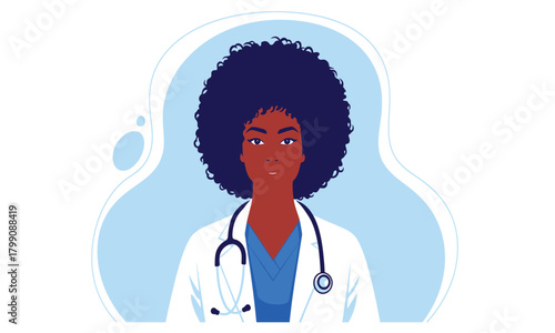 Dedicated African American Female Doctor Illustration Professional Healthcare Provider with Stethoscope and Afro Hair Symbolizing Expertise and Compassion