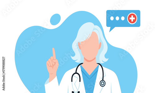 Caring healthcare provider pointing up, giving medical recommendations with a positive message bubble, flat illustration