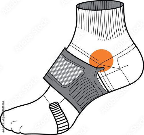 Ankle support brace illustration showing targeted compression area, orthopedic design details, and protective foot stabilization concept for injury prevention and recovery