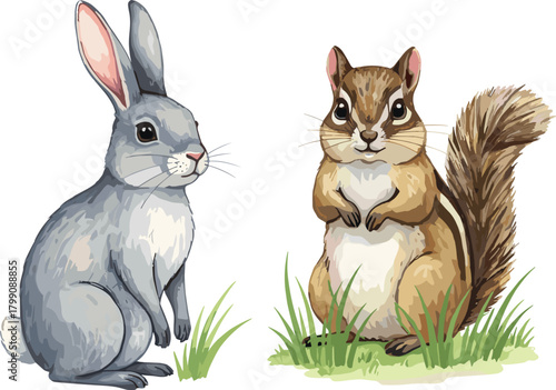 Cute woodland rabbit and chipmunk sitting on grass in white background, cartoon wildlife illustration, adorable forest animals, nature themed artwork