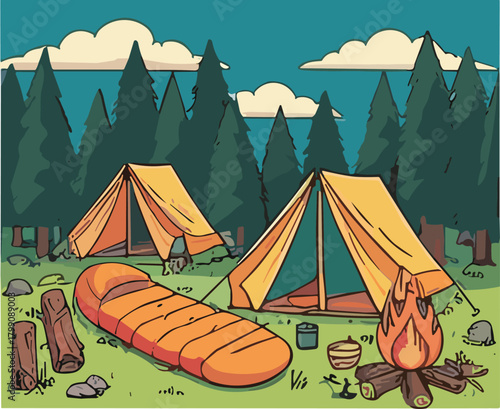 Outdoor camping scene with tents, campfire, sleeping bag and forest background, hand-drawn cartoon illustration of adventure, nature and wilderness camping