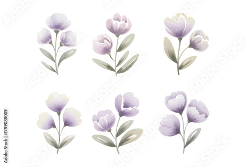 Calm lilac tulip sprigs in soft watercolor tones. Purple tulip florals soft watercolor brush tone.