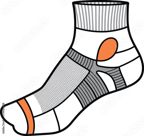 High-performance athletic ankle sock vector illustration featuring breathable mesh panels, cushioned zones, ergonomic design elements, and reinforced toe and heel support