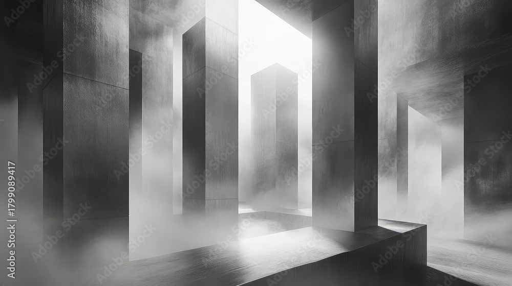 Fototapeta premium Abstract concrete pillars emerging from atmospheric fog and light