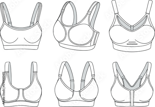 Sports bra vector illustration showcasing multiple front and back technical designs with straps, seams, panel details, and professional activewear apparel construction