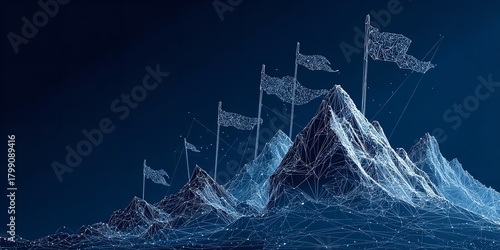 Digital rendering of mountain peaks with flags representing success and achievement in a futuristic minimalist blue color scheme