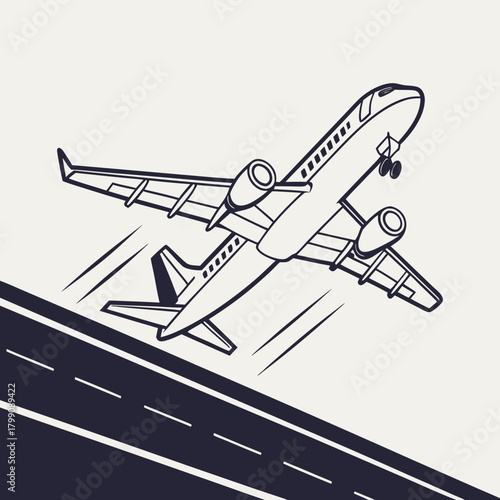 Stylized illustration of a commercial airplane taking off from a runway with motion lines against a neutral background