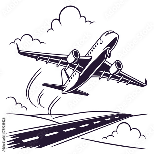 A stylized illustration of a commercial airplane taking off from a runway with clouds in the background symbolizing travel and adventure