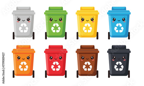 Collection of cheerful recycling bins with cute faces, for waste separation and environmental care