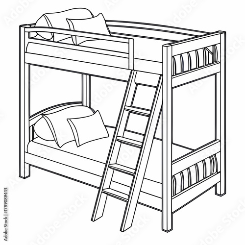 A clean line art illustration of a wooden bunk bed with a ladder and pillows perfect for children s rooms and space saving solutions