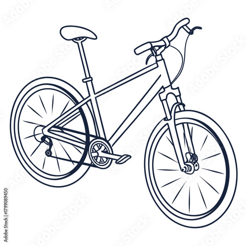 Clean line art illustration of a modern mountain bicycle with suspension fork and knobby tires isolated on a white background symbolizing outdoor adventure and healthy lifestyle