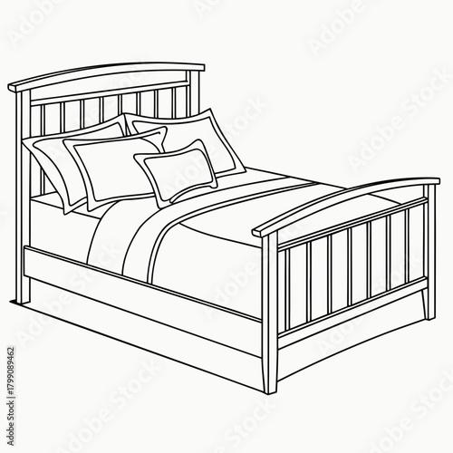 A simple black and white line drawing of a wooden bed frame with a mattress and pillows perfect for interior design concepts