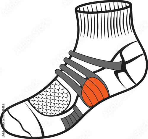 Technical ankle sock vector illustration featuring targeted arch support, compression bands, mesh ventilation, and highlighted pressure zone for sports performance and comfort