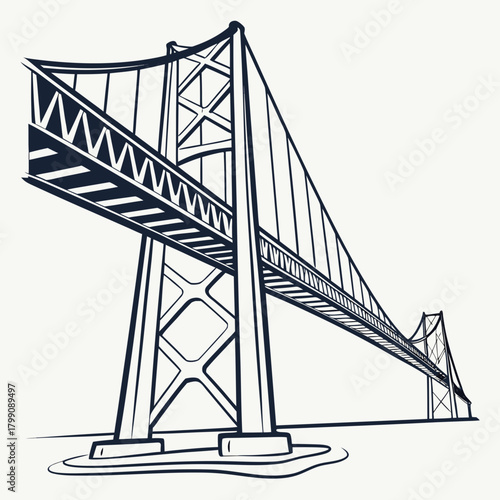 A striking minimalist line art illustration of a suspension bridge seen from a low angle emphasizing its architectural grandeur and engineering prowess against a clean white background