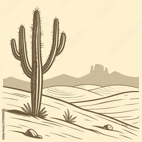 A solitary saguaro cactus stands tall in a stylized desert landscape with rolling hills and distant mesas under a pale sky evoking a sense of arid beauty and solitude