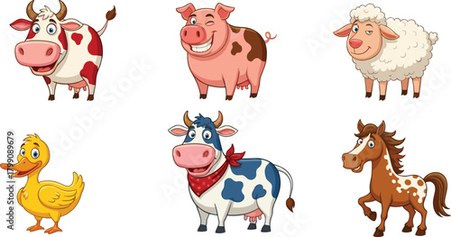 Cute cartoon farm animals collection with cow, pig, sheep, duck, and horse, colorful vector illustration set for kids and educational design