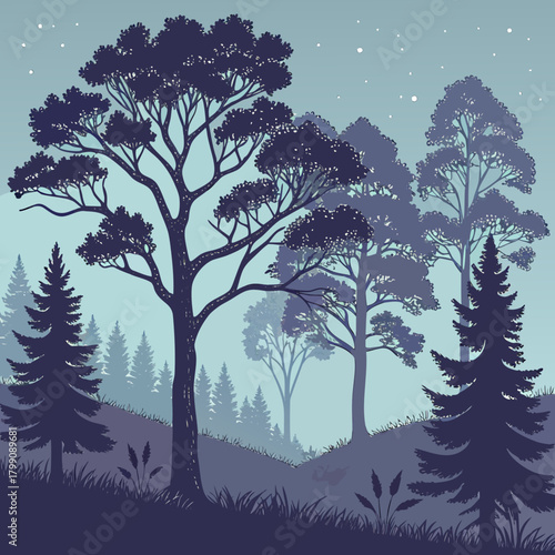 A serene and atmospheric forest landscape at twilight featuring silhouetted trees and a starry sky in cool blue and purple tones