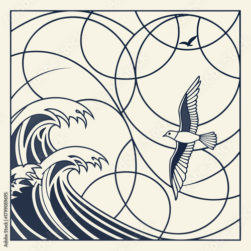 Stylized dark blue waves and a flying seagull against a cream background with abstract circular line art creating a sense of motion and freedom