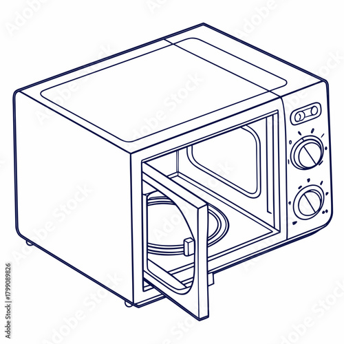 An isometric line drawing of a modern kitchen microwave oven with its door open revealing the interior turntable and control knobs on the side