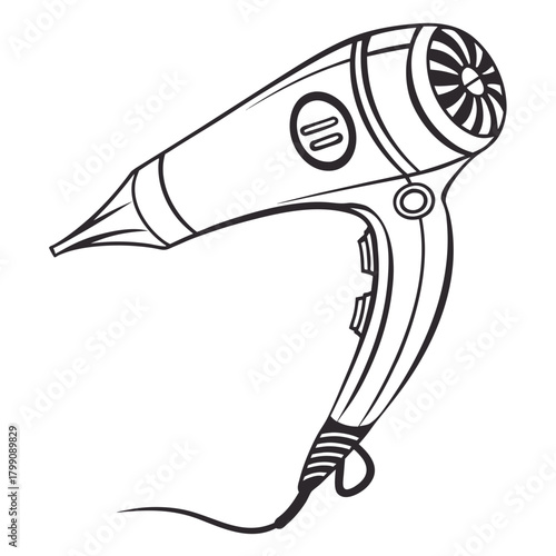 A simple black and white line drawing illustration of a modern electric hairdryer with a cord and nozzle isolated on a white background suitable for design elements