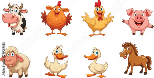 Cute cartoon farm animals collection featuring cow, chicken, pig, sheep, duck, and horse characters in colorful vector illustration for kids