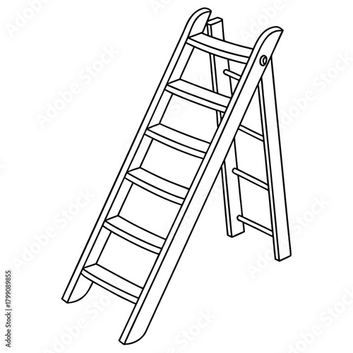 A simple black and white line drawing illustration of a wooden stepladder with multiple rungs on a white background
