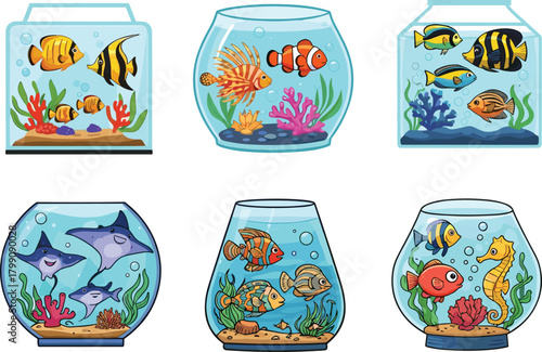 Colorful cartoon aquarium illustration featuring tropical fish, coral, sea plants, and marine creatures in different glass tanks on a clean white background