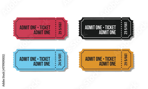 Collection of four retro-style admission tickets in different colors and designs, each reading 'Admit One Ticket'