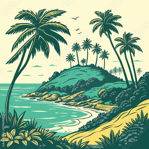 A vibrant stylized illustration of a tropical island coastline with lush green hills sandy beaches turquoise ocean waters and numerous palm trees under a pale yellow sky with birds flying