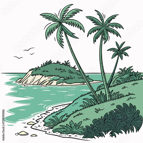 A serene tropical island scene with lush green palm trees and vegetation bordering a sandy shore and calm turquoise ocean waters under a clear sky with flying birds