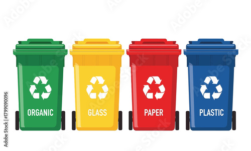 Color-coded recycling bins for organic, glass, paper, and plastic waste
