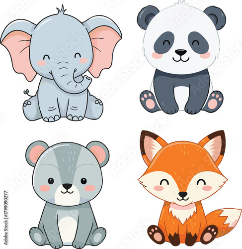 Cute cartoon baby animals illustration including elephant, panda, koala, and fox in pastel colors on white background for nursery design