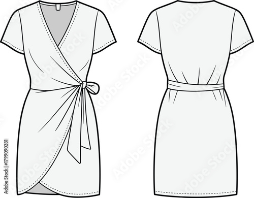 Technical vector illustration of elegant wrap dress design featuring front and back views, tied waist detail, draped silhouette, stitching lines, and fashion construction elements