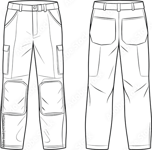 Technical vector illustration of durable cargo work pants featuring front and back views, utility pockets, reinforced knee panels, stitching details, and functional construction