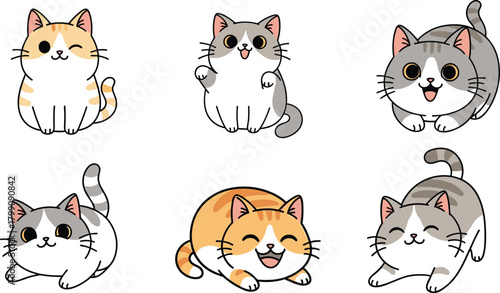 Cute playful cartoon cat characters set, adorable kawaii kittens in different poses, vector illustration for children, isolated on white background