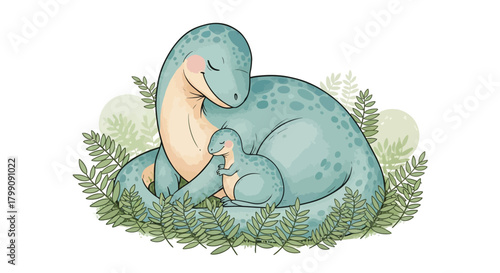 Adorable dinosaur mother and child cuddling amidst lush ferns, a heartwarming illustration for children's books and educational resources about prehistoric life