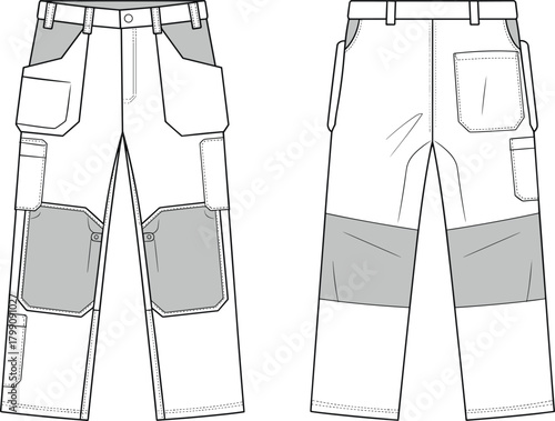 Technical vector illustration of multi-pocket work cargo pants with reinforced panels, detailed stitching, utility design elements, front and back construction views