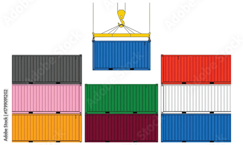 Shipping containers stacked ready for transport with one lifted by a crane ready to go