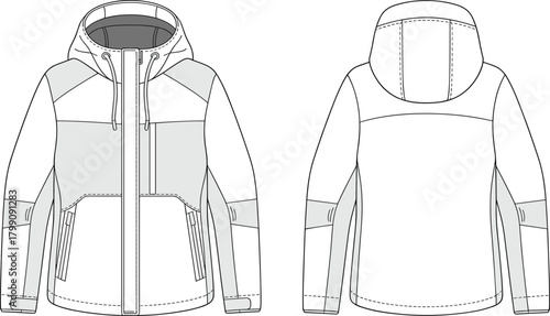 Technical vector illustration of outdoor hooded jacket showcasing front and back views with detailed seam lines for apparel design templates