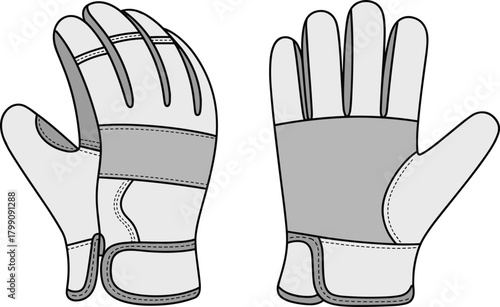 Technical vector illustration of protective gloves with detailed stitching, reinforced panels, wrist strap closure, ergonomic design, and full front and back construction views