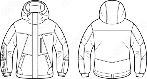 Technical winter jacket vector illustration showing detailed front and back views with hood, pockets, seam construction, and functional outdoor apparel design template