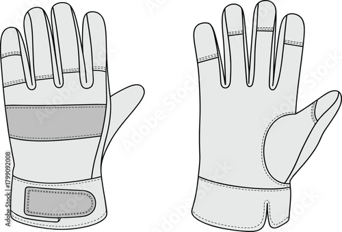 Vector illustration of protective work gloves with detailed stitching, palm reinforcement, wrist strap closure, and technical front and back design template