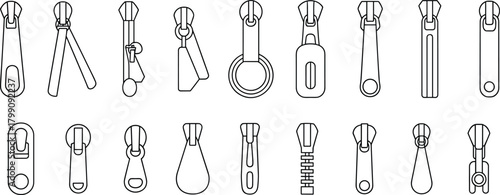 Vector illustration set of diverse zipper puller designs showing detailed garment accessory variations for fashion design, clothing templates, and sewing references