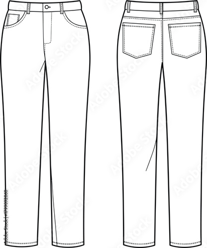 Vector technical illustration of classic straight-leg pants showing detailed front and back views for professional fashion design and garment drafting templates
