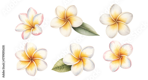 Soft watercolor plumeria flower collection. Frangipani floral illustrations.