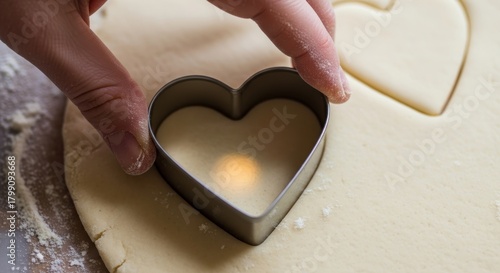 Close-up of a hand pressing a heart-shaped metal cookie cutter into dough.