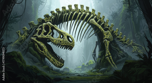Discover the remains of a stunning dinosaur skeleton in a primeval forest, a captivating glimpse into prehistoric times and evolutionary history
