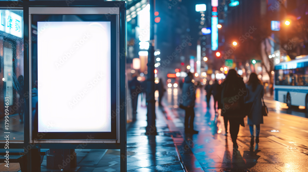 Obraz premium A blank advertising poster mockup at a night-time Bus stop.
