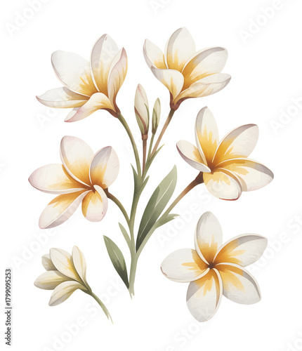 Soft watercolor plumeria flower collection. Frangipani floral illustrations.